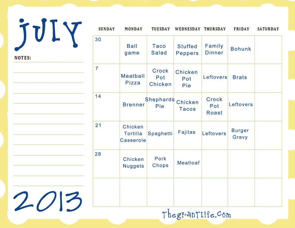 July 2013 Meal Plan Printable Mom Makes Dinner July 2013 Meal Plan Printable Mom Makes Dinner