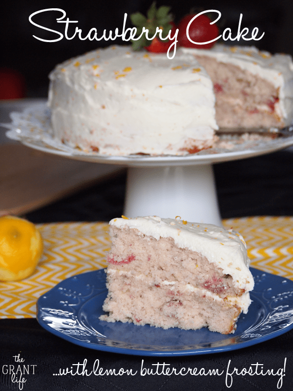 Strawberry Cake made with fresh strawberries and lemon buttercream frosting!