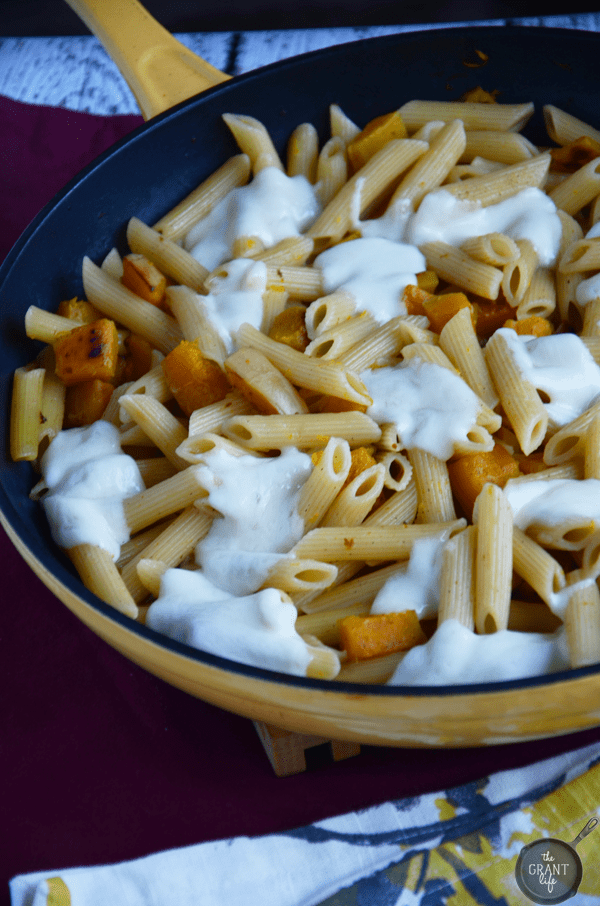 Easy butternut squash pasta skillet! Quick and easy dinner perfect for fall!
