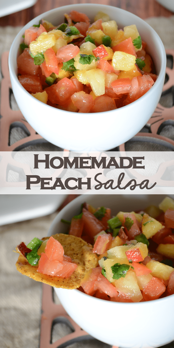 Easy homemade peach salsa recipe! This is so simple to make and such a healthy snack! Whip up a batch for your next party