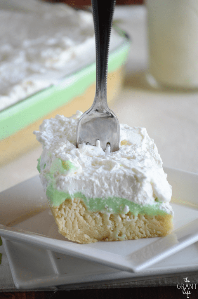 Grandmas pistachio dessert recipe with fork in center