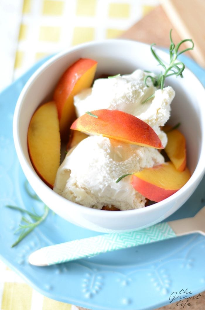Perfect summer dessert!  Grilled pound cake and nectarines with rosemary and vanilla bean ice cream