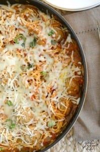 One pan spaghetti and meatball dinner!  Make this easy recipe ALL IN ONE PAN!