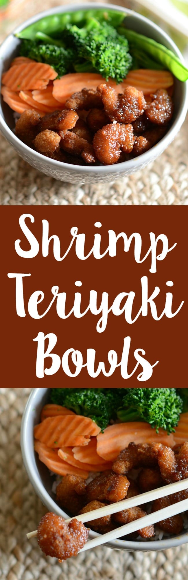 Easy and delicious shrimp teriyaki bowls! Rice on the bottom and then steamed veggies and shrimp with homemade teriyaki sauce!