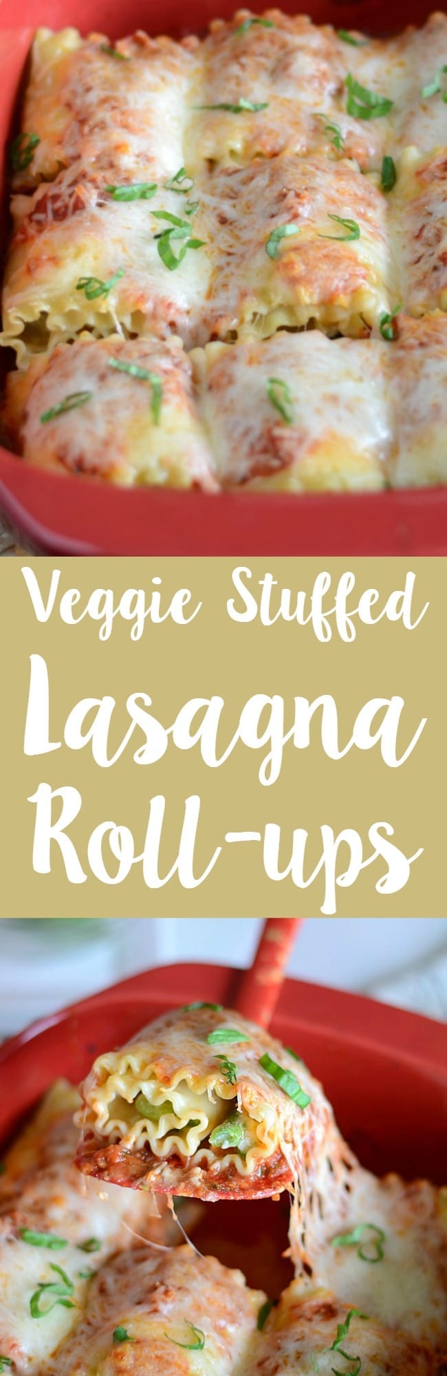 Veggie stuffed lasagna roll-up recipe!  These roll ups are filled with fresh veggies, ricotta cheese and mozzarella!