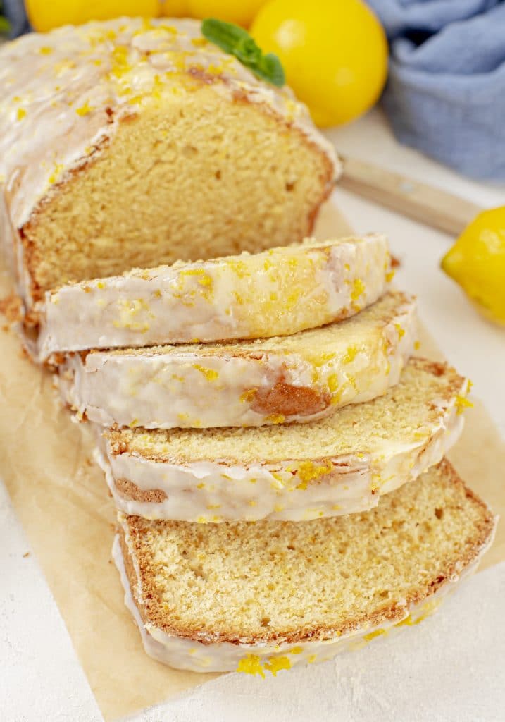 slices of homemade lemon loaf on cutting board