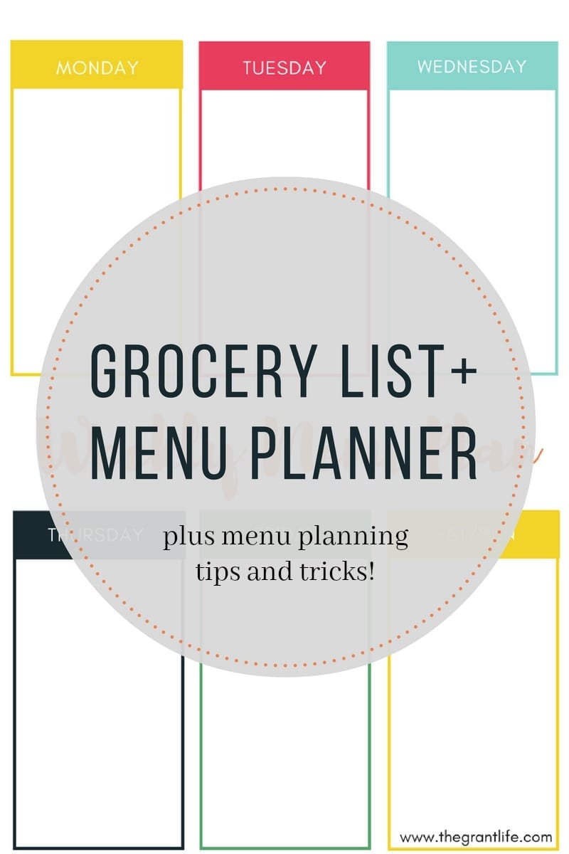 weekly menu template with grocery list