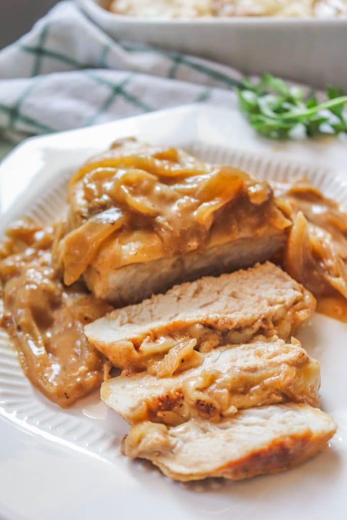 close up of sliced french onion pork chops