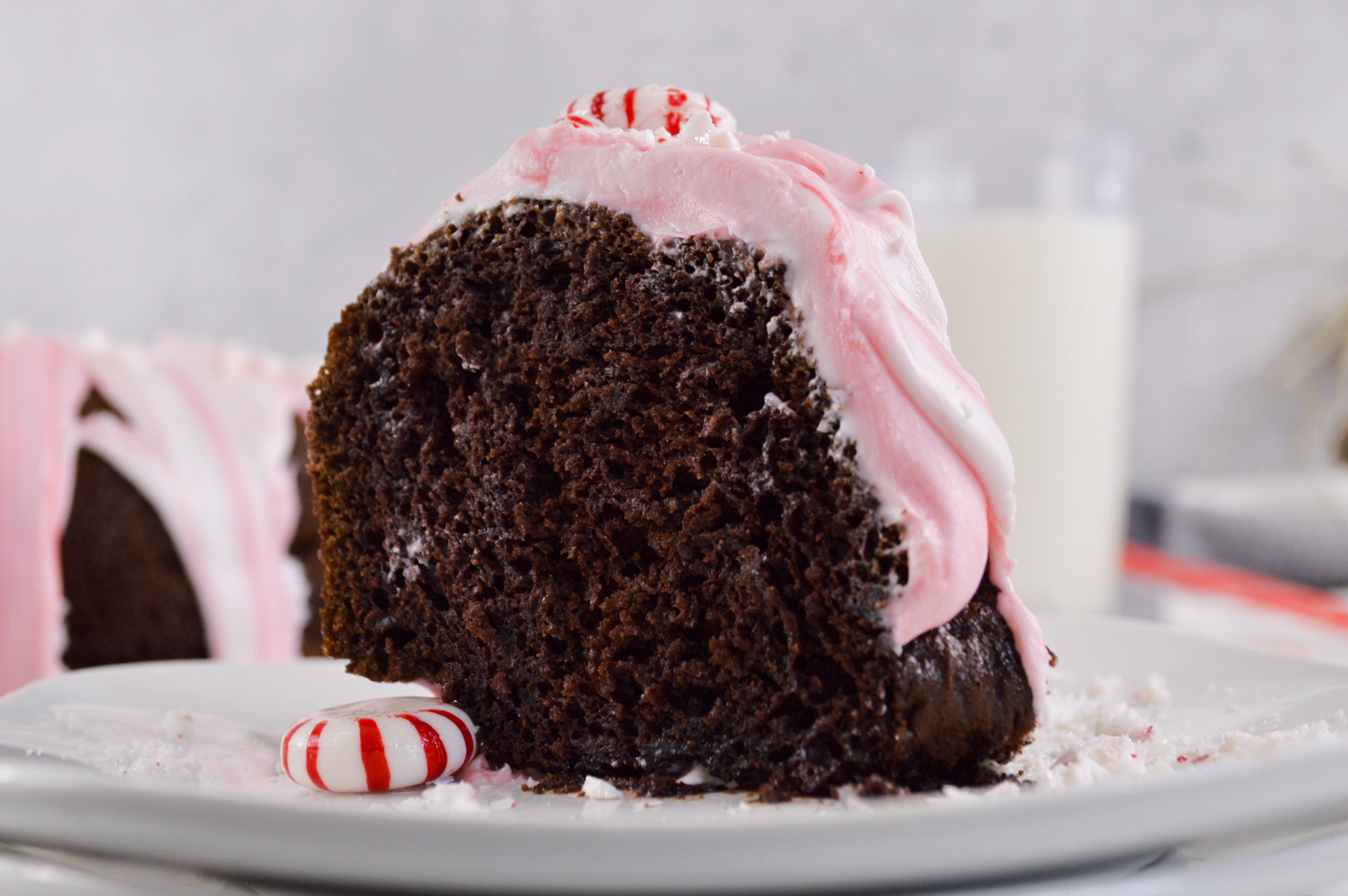 Candy Cane Chocolate Bundt Cake - 7 Empty Plates