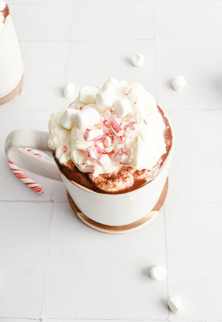 overhead shot of peppermint hot chocolate with whipped cream