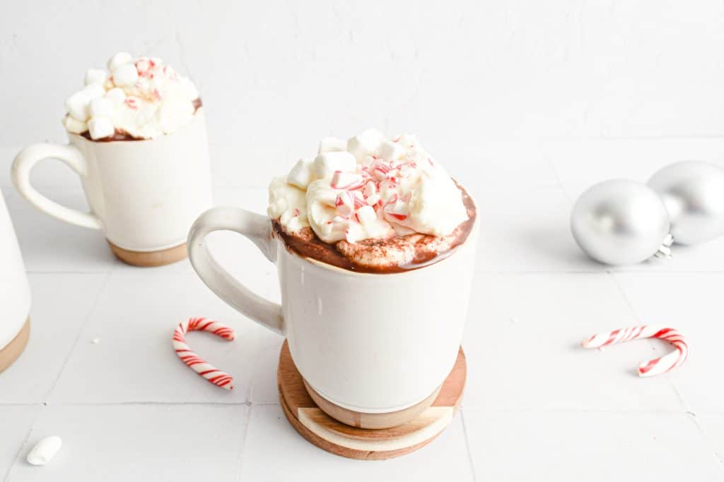 close up of peppermint hot chocolate in a coffee mug