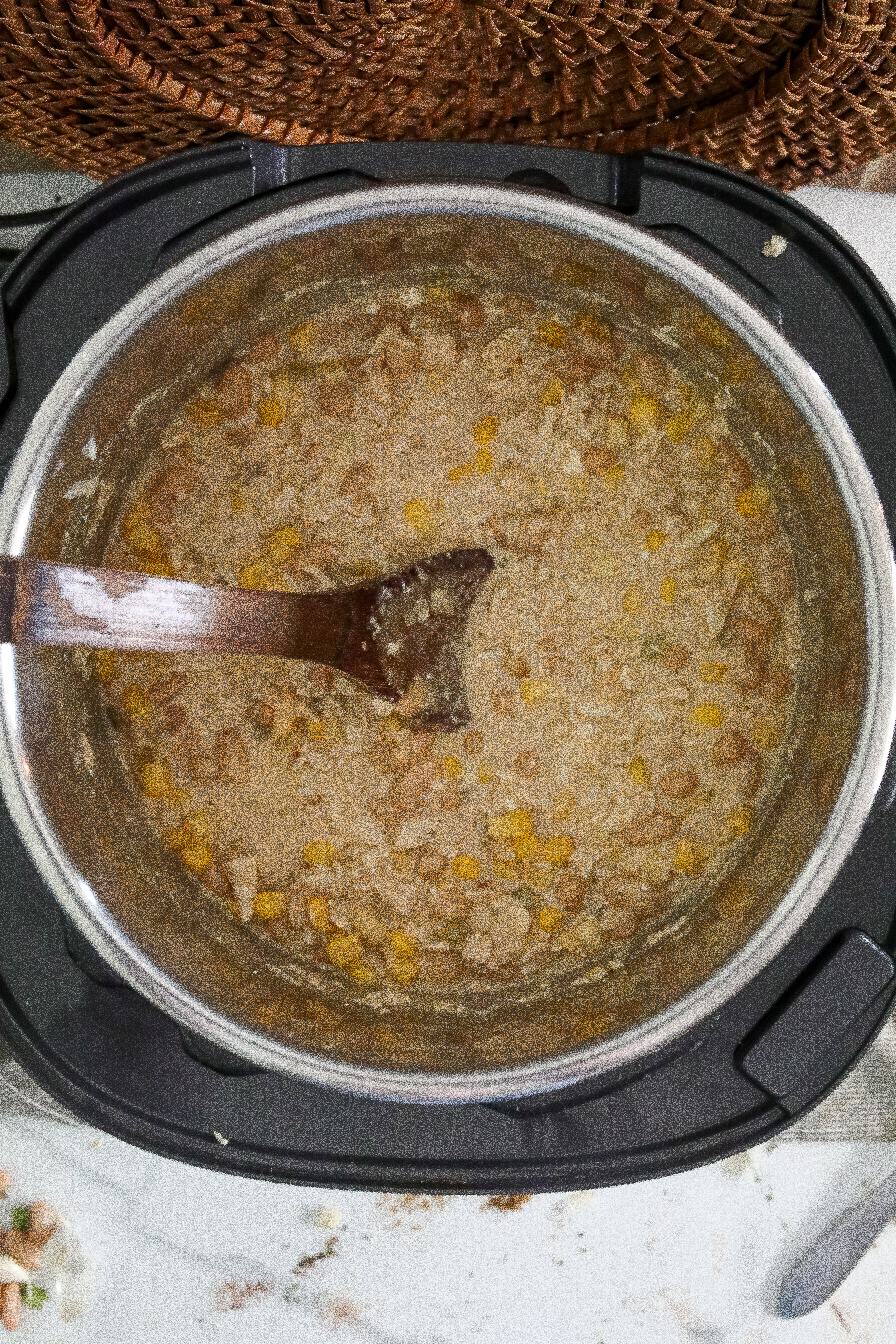 almost finished white chicken chili in the instant pot