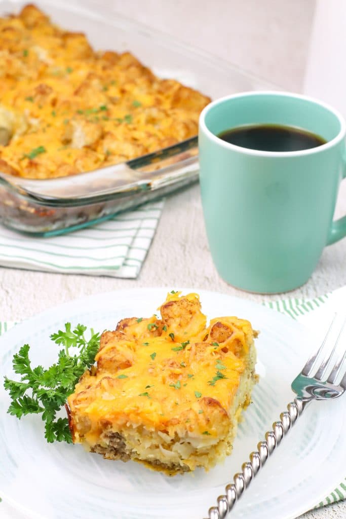 slice of cheesy tater tot breakfast casserole on plate