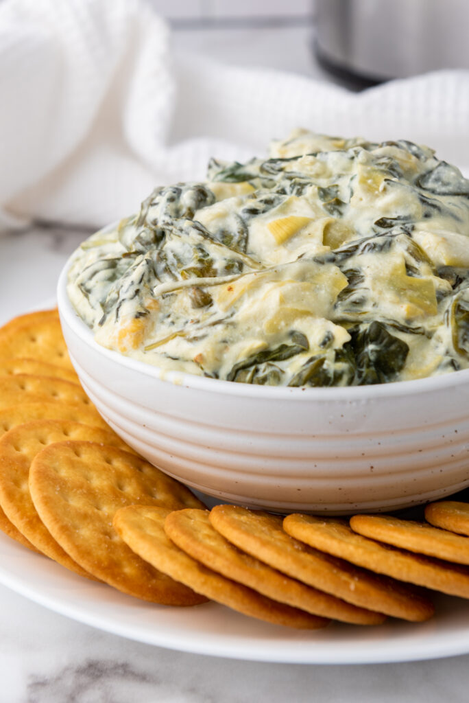 close up of slow cooker spinach dip recipe