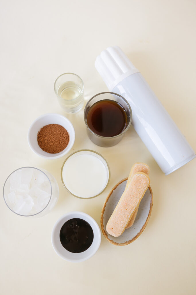 overhead view of the ingredients for tiramisu latte