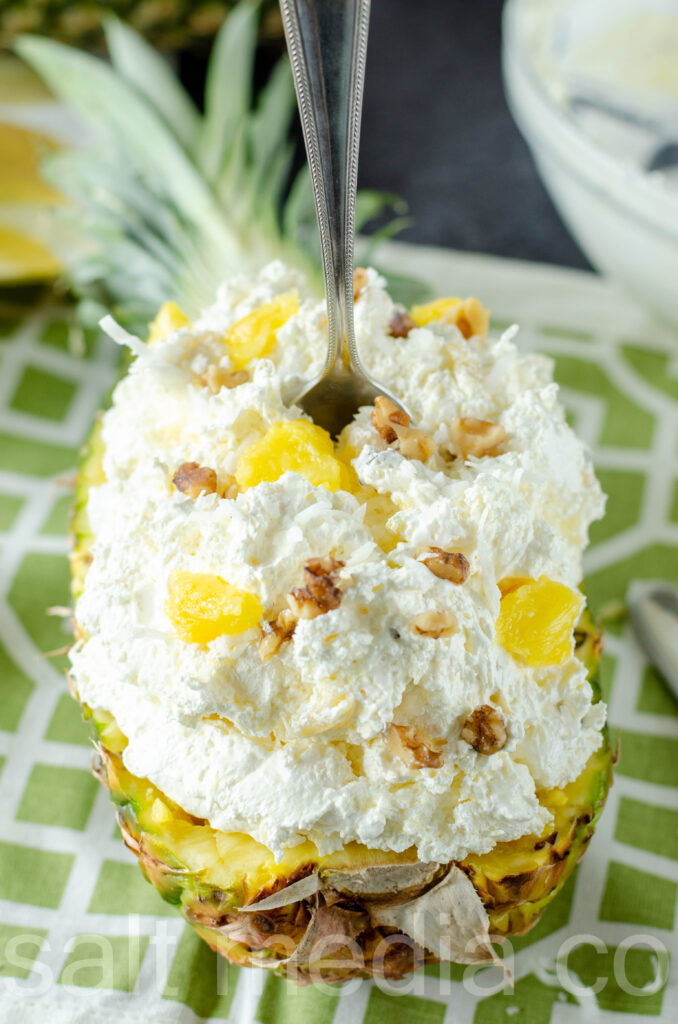 close up of pineapple fluff with fork in the center