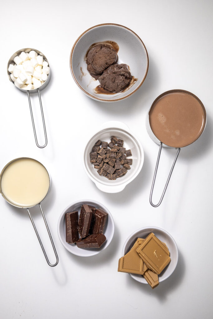 chocolate freakshake ingredients on white background