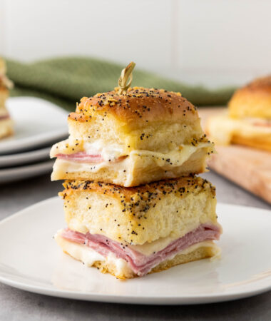 picture of sandwiches close up on plate ham and swiss sliders
