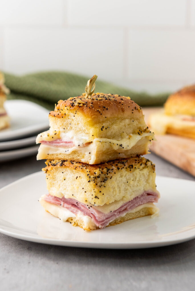 picture of sandwiches close up on plate ham and swiss sliders
