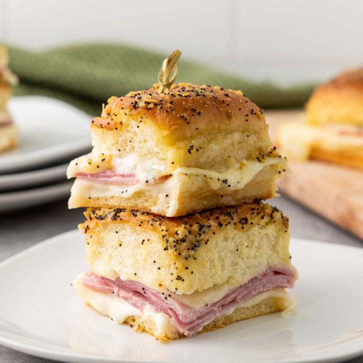 picture of sandwiches close up on plate ham and swiss sliders