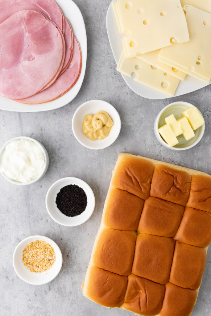 overhead view of slider ingredients on marble table top