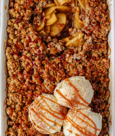 overhead shot of baked apple crisp in a dish