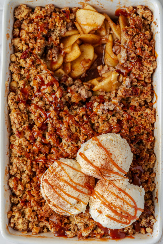 overhead shot of baked apple crisp in a dish